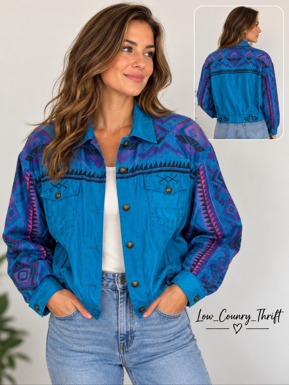 Vintage Diane Gilman 100% Silk Southwestern Jacket Women's M Blue Purple